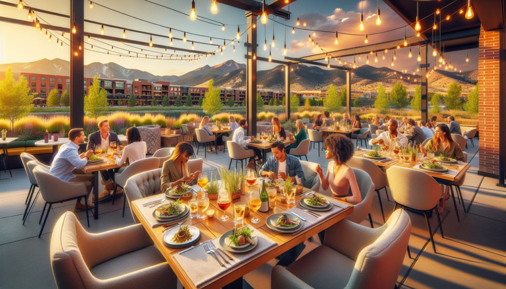 Upscale outdoor restaurant patio in South Denver with Rocky Mountain views at golden hour - best restaurants South Denver guide