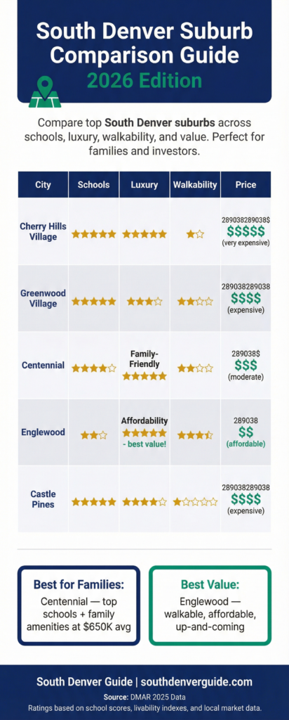 South Denver suburb comparison map showing neighborhoods in 2026