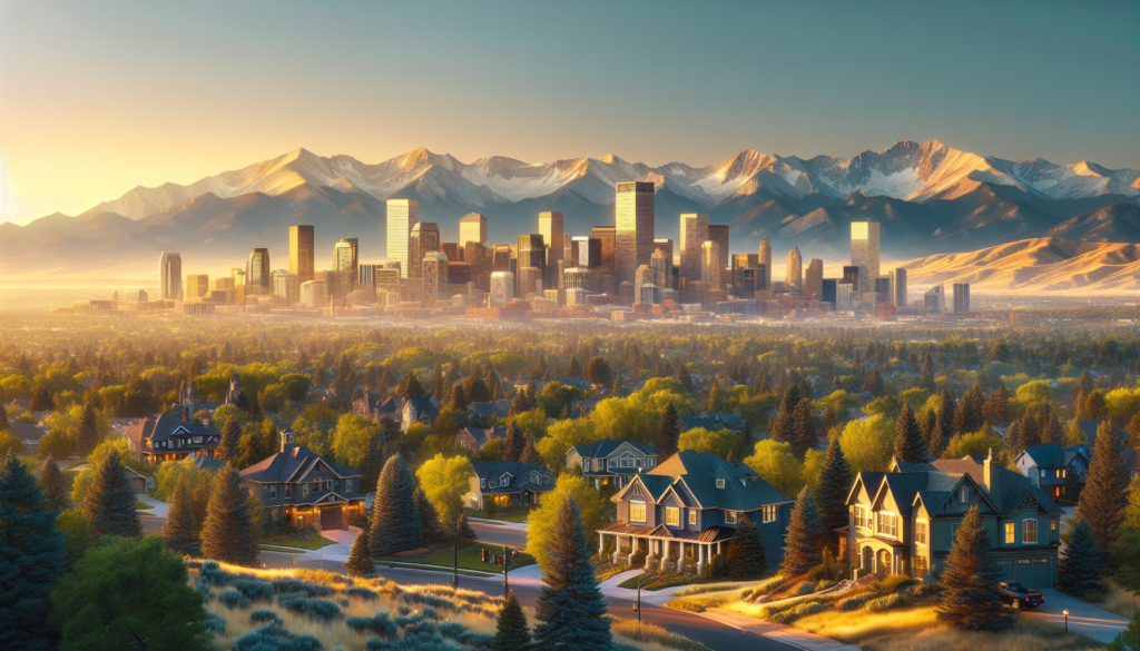 Denver skyline with Rocky Mountains viewed from a South Denver neighborhood - guide for Californians moving to Denver