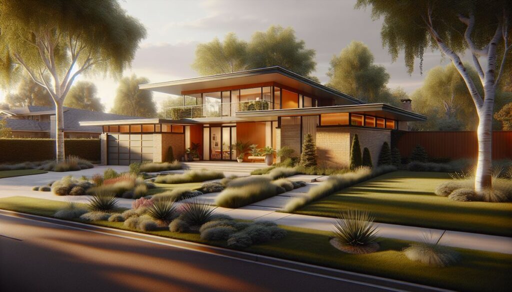 Mid-century modern home with flat roof and large windows in Arapahoe Acres historic neighborhood Englewood Colorado