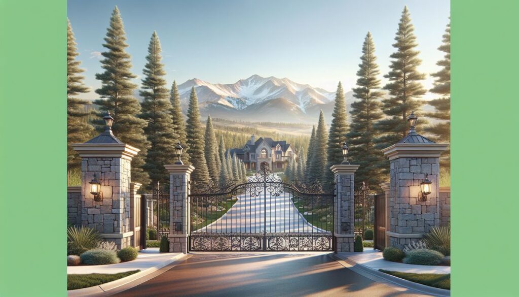 Luxury gated community entrance with stone pillars and wrought iron gate in Castle Pines Colorado with mountain views