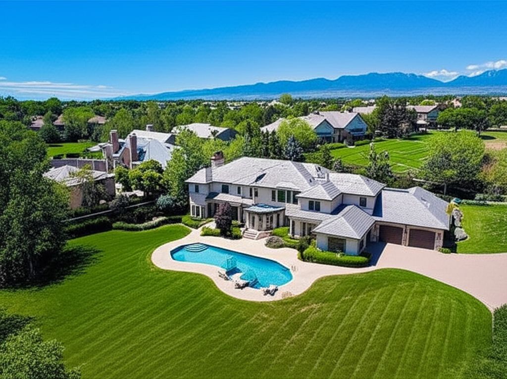 Aerial drone photograph of a Cherry Hills Village luxury estate with Rocky Mountain views - 2026 real estate market report