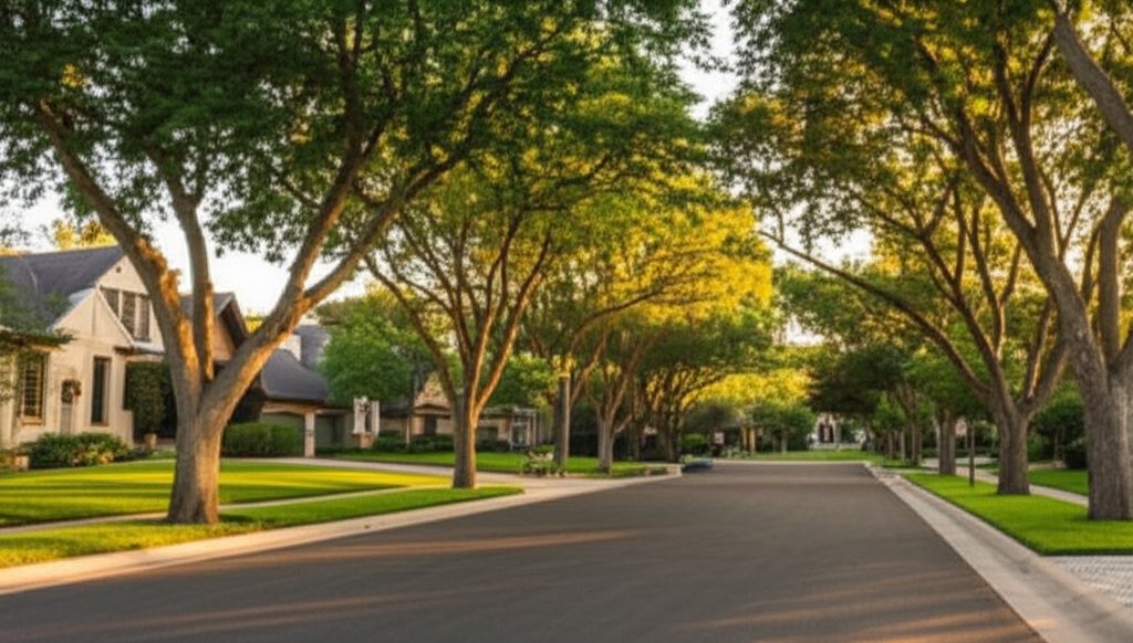 Tree-lined residential street with luxury homes in Cherry Hills Village Colorado neighborhood