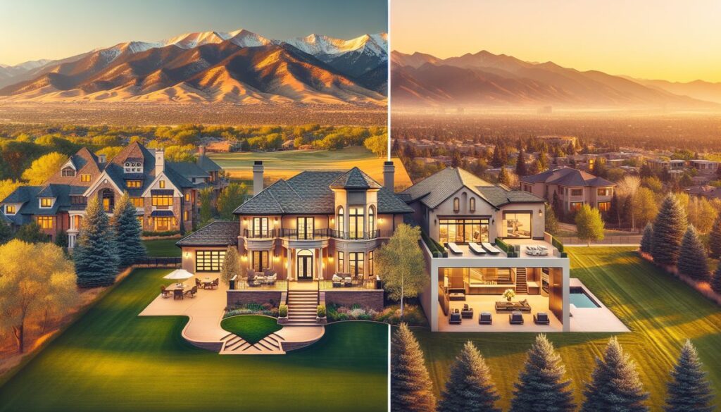 Cherry Hills Village estate vs Greenwood Village executive home comparison with Colorado mountain backdrop