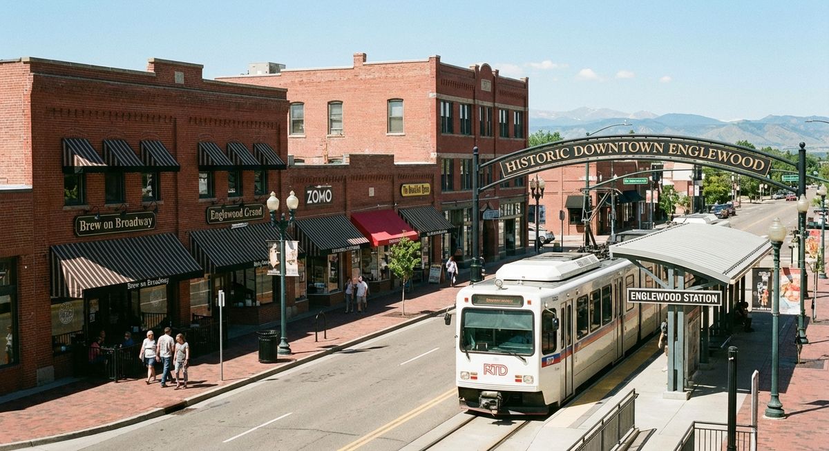 Downtown Englewood Colorado shops and light rail