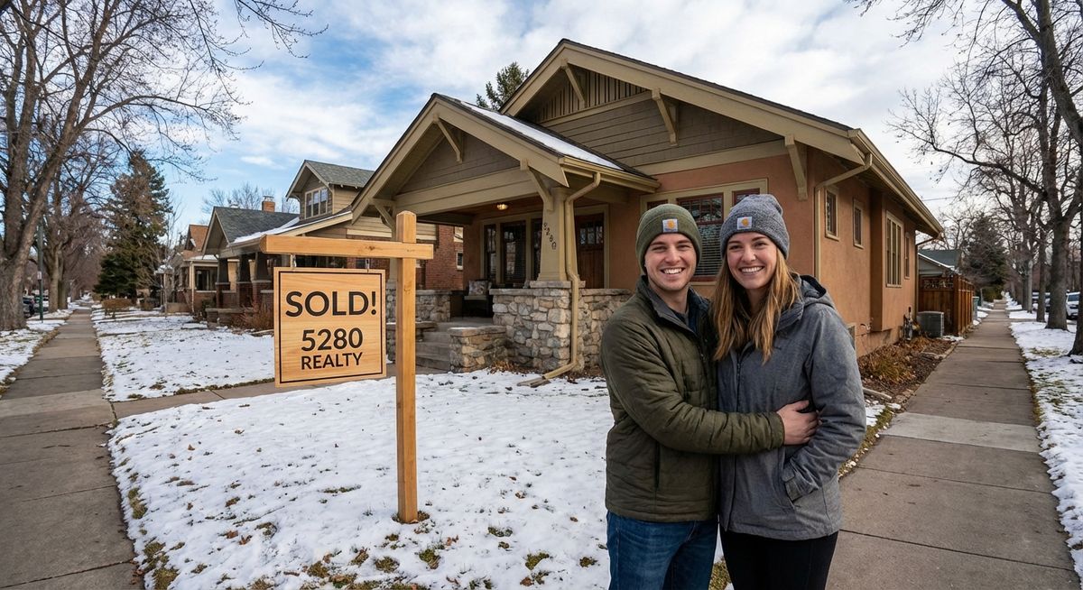 First-time home buyers in front of South Denver home