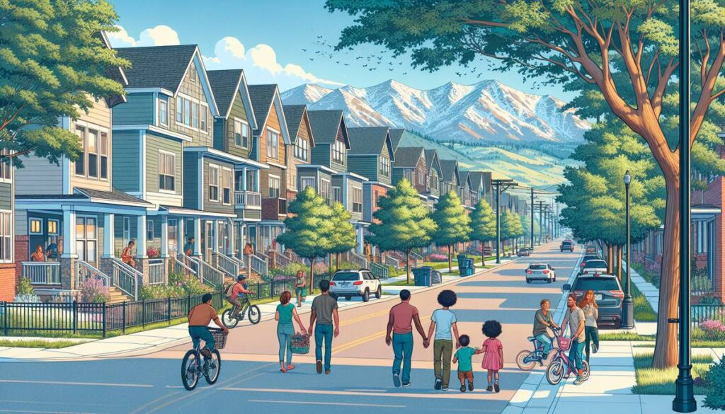 Hampden South Denver neighborhood street view with affordable housing, families walking, and Rocky Mountains in background