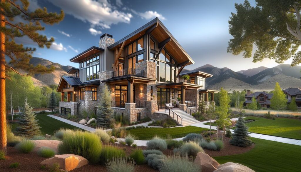 Modern luxury custom home with stone and timber Colorado architecture and mountain backdrop in South Denver