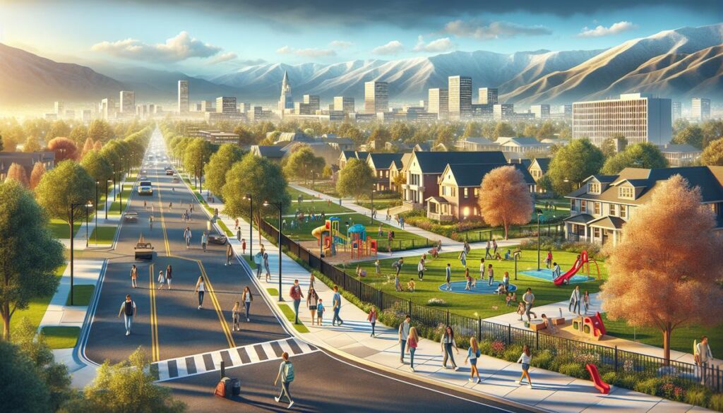 University Hills Denver neighborhood with students, families, affordable housing and university buildings in background