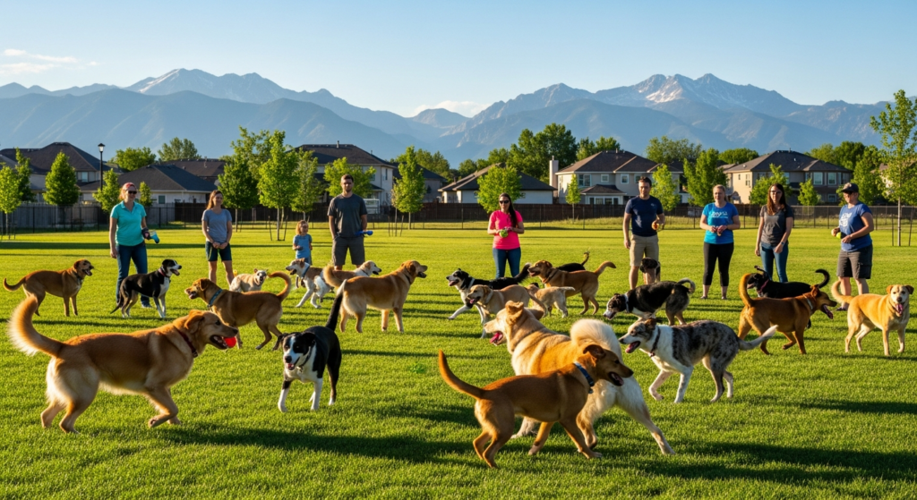 Dogs playing off-leash at a South Denver dog park with the Rocky Mountains in the background