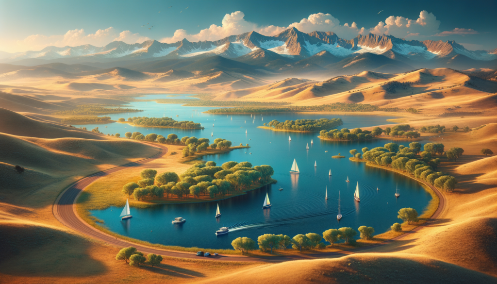 Cherry Creek Reservoir at Cherry Creek State Park with boats on the water and Rocky Mountain views near Denver Colorado