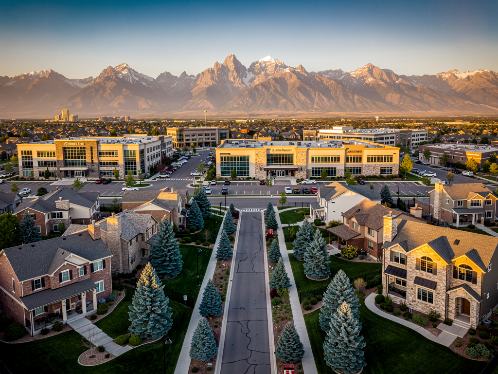 Aerial view of South Denver neighborhoods near the Denver Tech Center with Colorado Rocky Mountains in the background