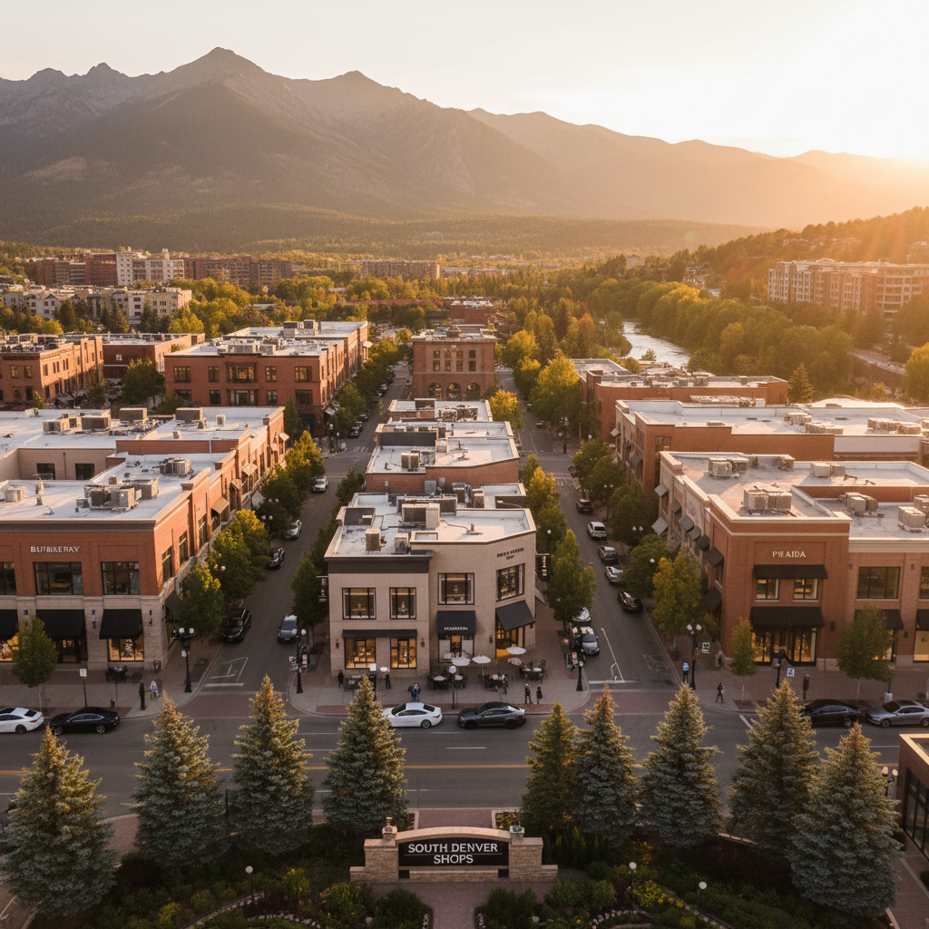 Colorado outlet shopping district at golden hour with Rocky Mountains and brick storefronts