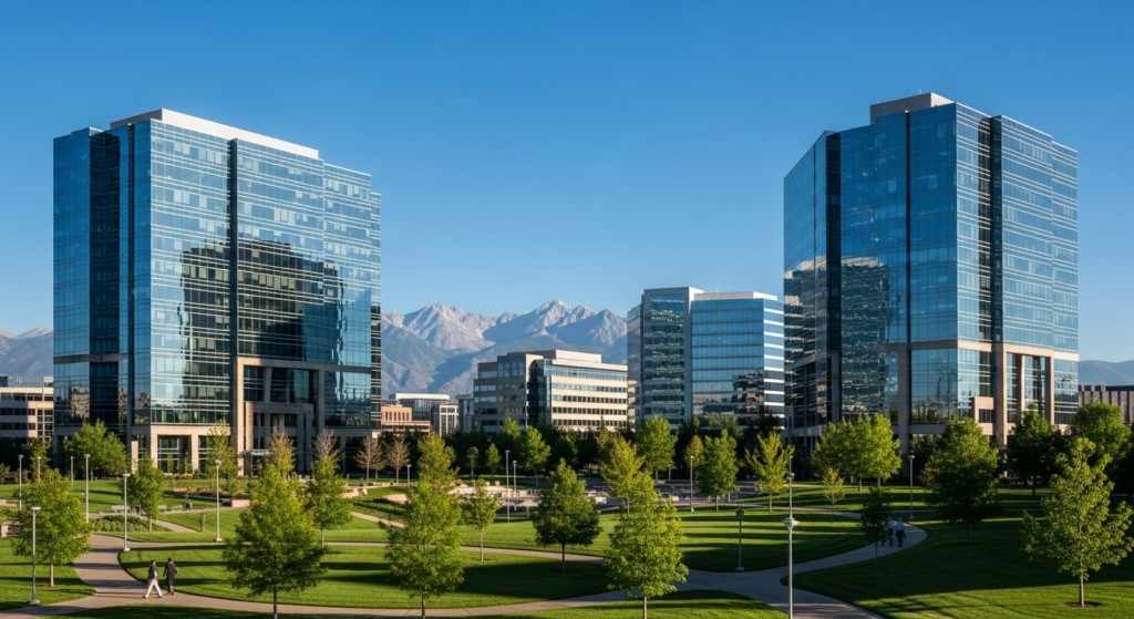 Denver Tech Center glass office towers with Rocky Mountains