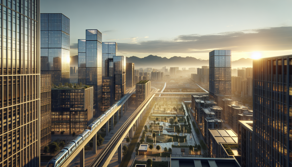 Denver Tech Center skyline with modern office towers and residential high-rises at golden hour, Rocky Mountains in background