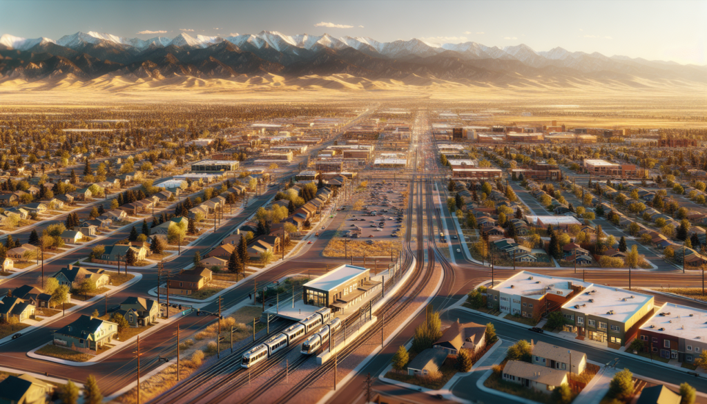 Aerial view of Englewood Colorado showing residential neighborhoods, RTD light rail station, and Rocky Mountain foothills - real estate investment market overview 2026