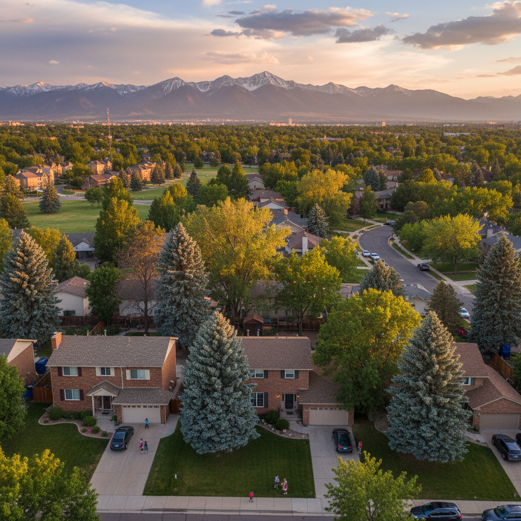 Hampden neighborhood South Denver, tree-lined street with brick homes and blue spruce trees, Rocky Mountains, golden hour