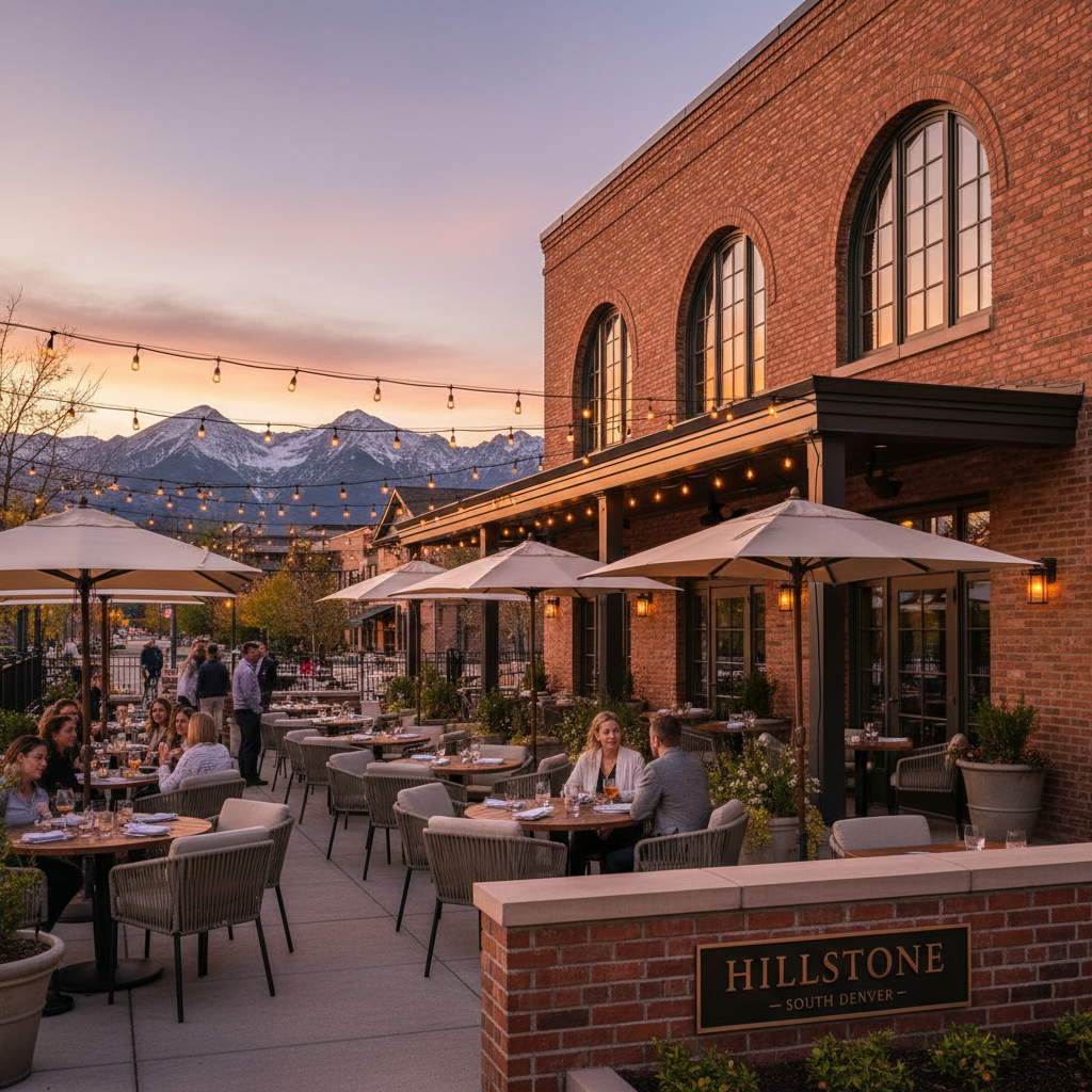 Hillstone Restaurant Denver Cherry Creek exterior at golden hour, brick building with outdoor patio, Colorado Rockies backdrop, South Denver upscale dining