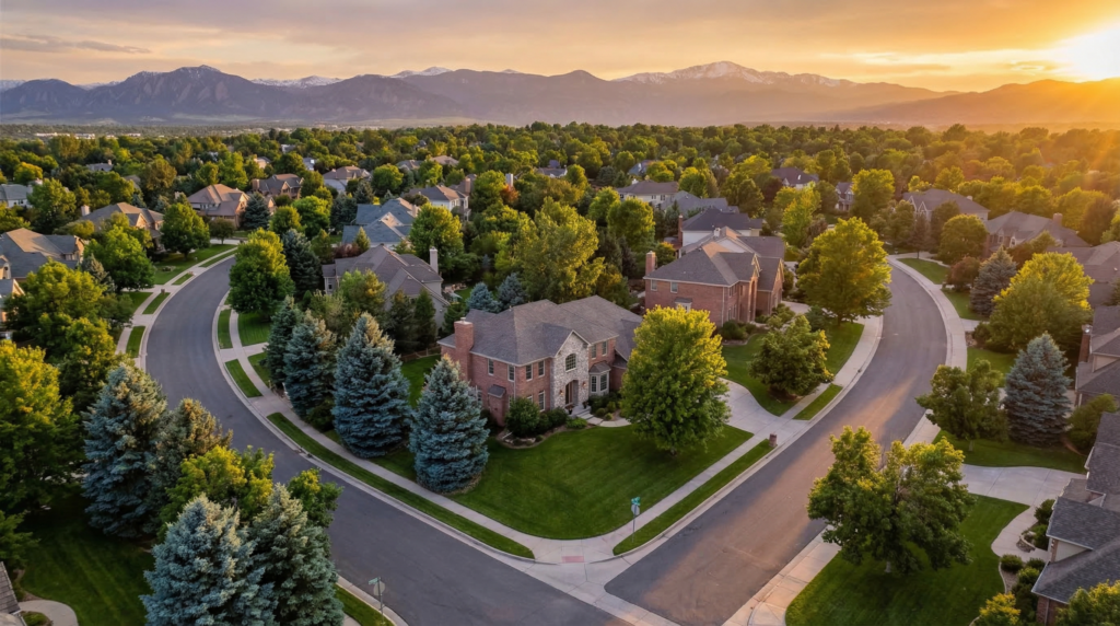 Aerial view of South Denver neighborhoods with Rocky Mountains backdrop