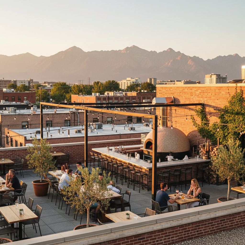 Joy Hill Denver rooftop patio on South Broadway, Platt Park, wood-fired pizza bar with string lights, Colorado Rockies backdrop, South Denver dining