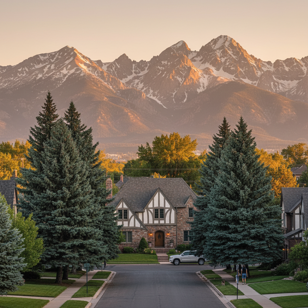 South Denver neighborhood at golden hour with Colorado Rocky Mountains in the background, brick Tudor homes and blue spruce trees