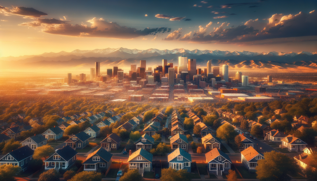 Denver skyline with Rocky Mountains in background and tree-lined South Denver neighborhood in foreground at golden hour
