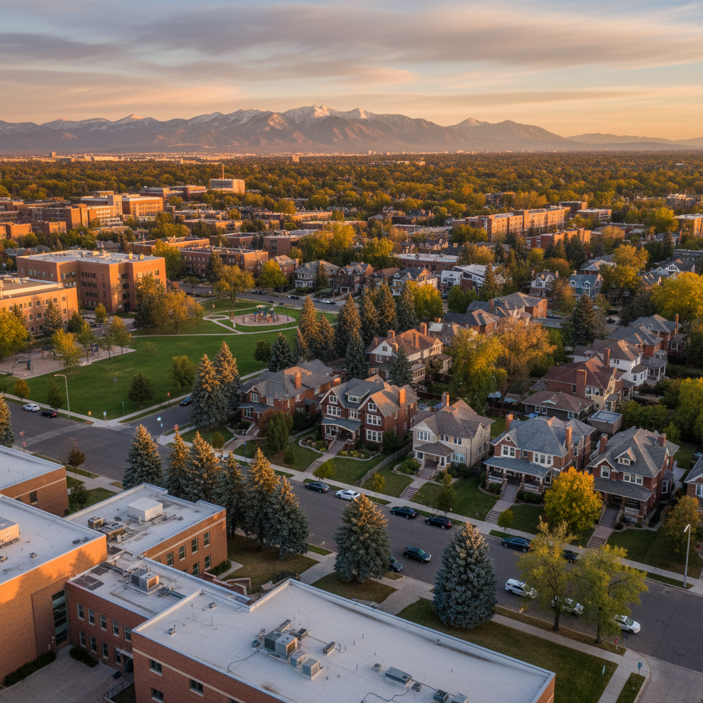Observatory Park vs University Hills South Denver neighborhoods, aerial view with Colorado Rockies, brick homes and blue spruce trees, golden hour