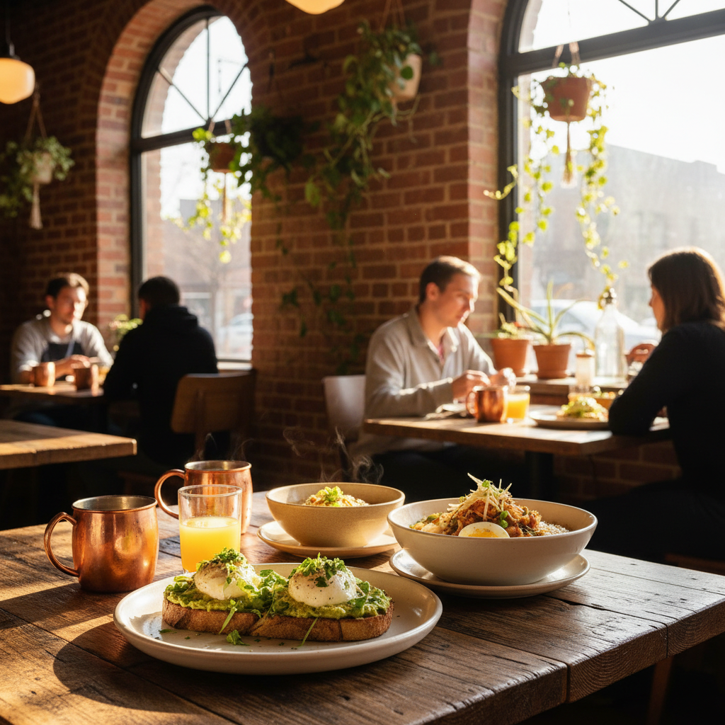 Beautifully plated brunch at Onefold Denver restaurant, golden morning light, congee and egg dishes on rustic wooden tables