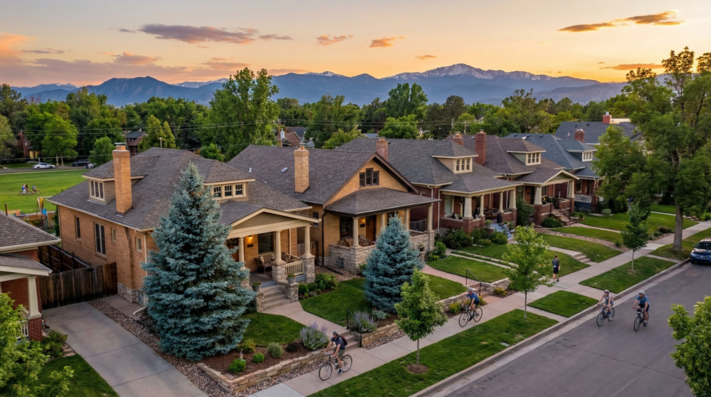 Platt Park neighborhood Denver - tree-lined streets with craftsman bungalows and Colorado Rocky Mountains backdrop