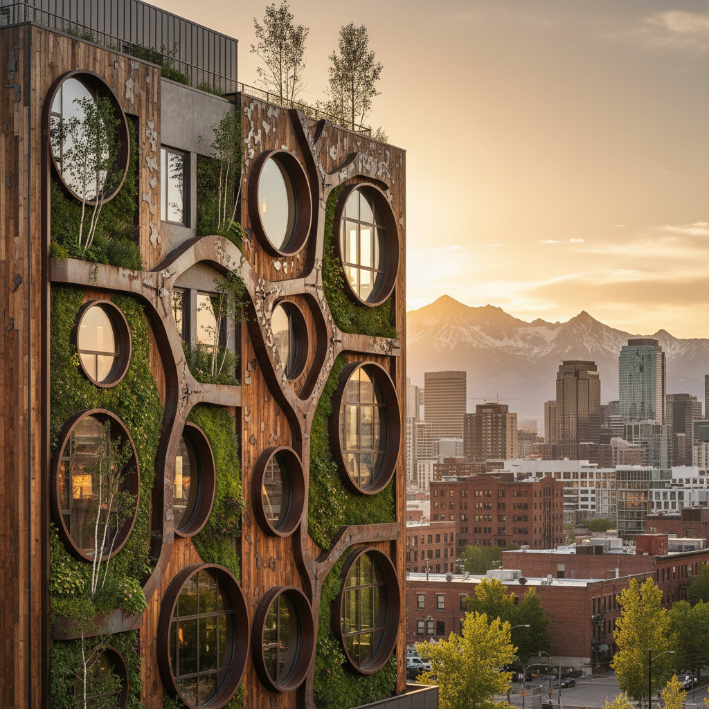 Populus Denver hotel facade with distinctive circular aspen-eye windows, downtown Denver skyline and Rocky Mountains behind, golden hour light