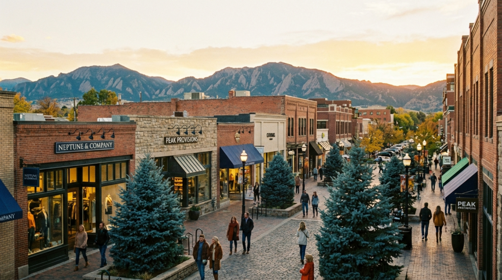 Shopping in South Denver - Cherry Creek boutique storefronts with Colorado Rocky Mountains in background