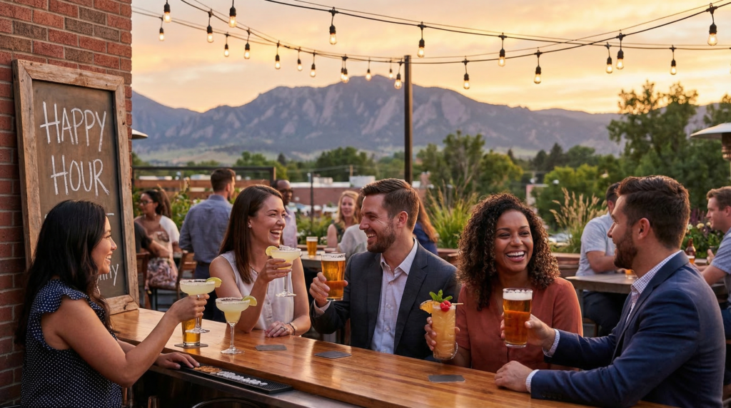 Friends enjoying happy hour at an outdoor patio bar in South Denver with Colorado mountain views at sunset
