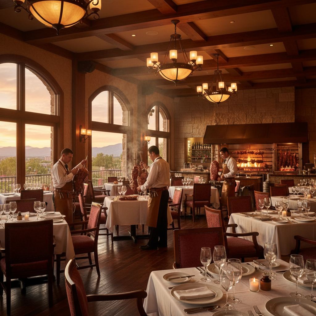Elegant Brazilian churrascaria interior with gaucho servers, warm lighting and wood tones, South Denver fine dining