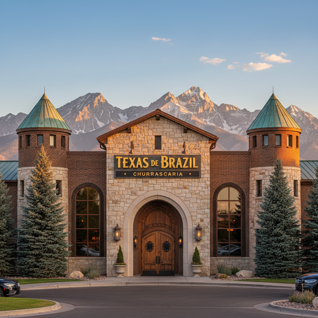 Texas de Brazil Denver churrascaria exterior, upscale Brazilian steakhouse, Colorado Rockies backdrop, South Denver fine dining
