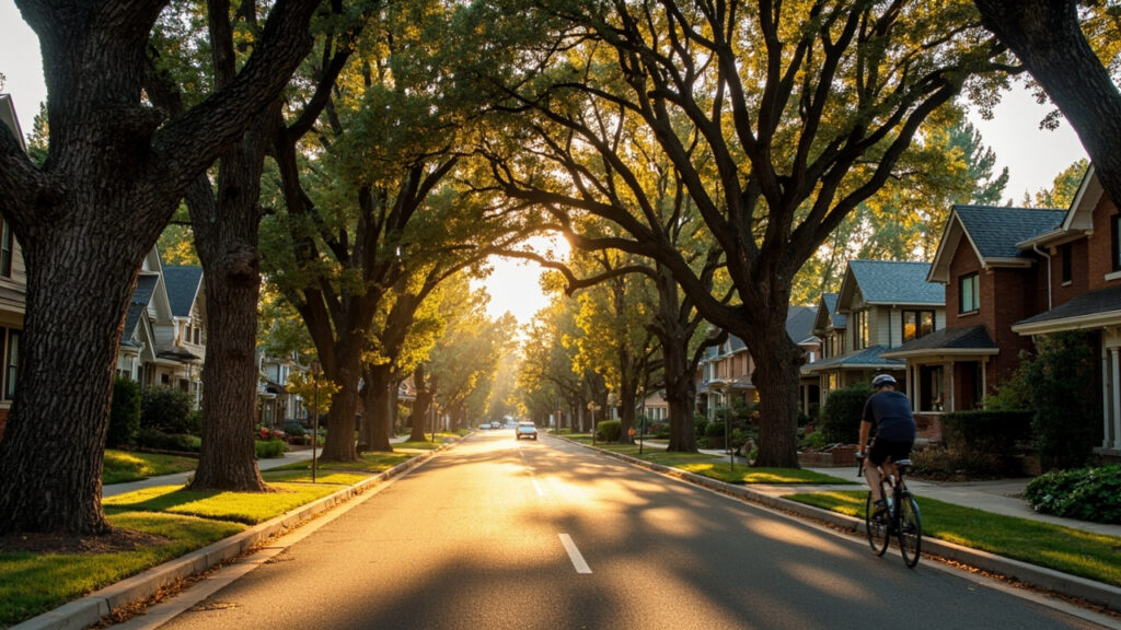 Tree-lined street in Belcaro, Denver at golden hour — mature blue spruce and oak trees arching over a quiet residential street with elegant brick Tudor homes and updated ranch houses