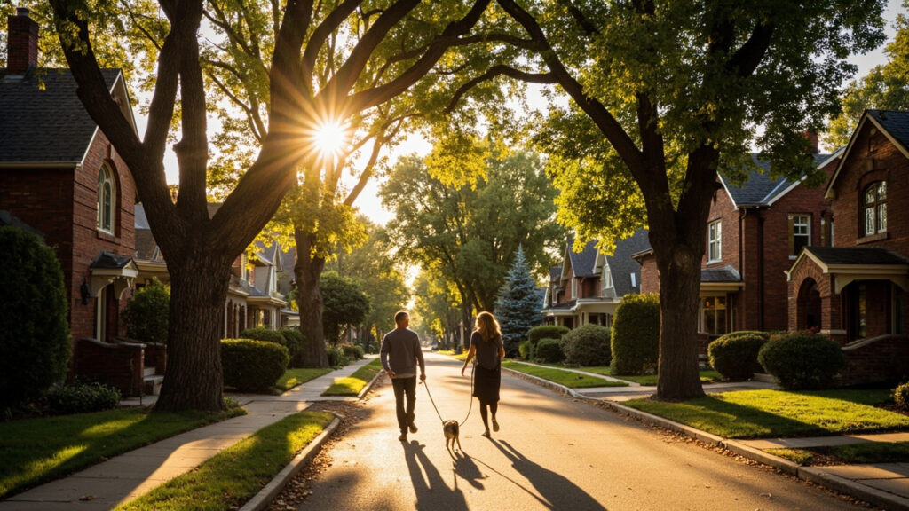 Charming street scene in Bonnie Brae Denver at golden hour — quiet residential street with classic Tudor-style brick homes and mature oak trees