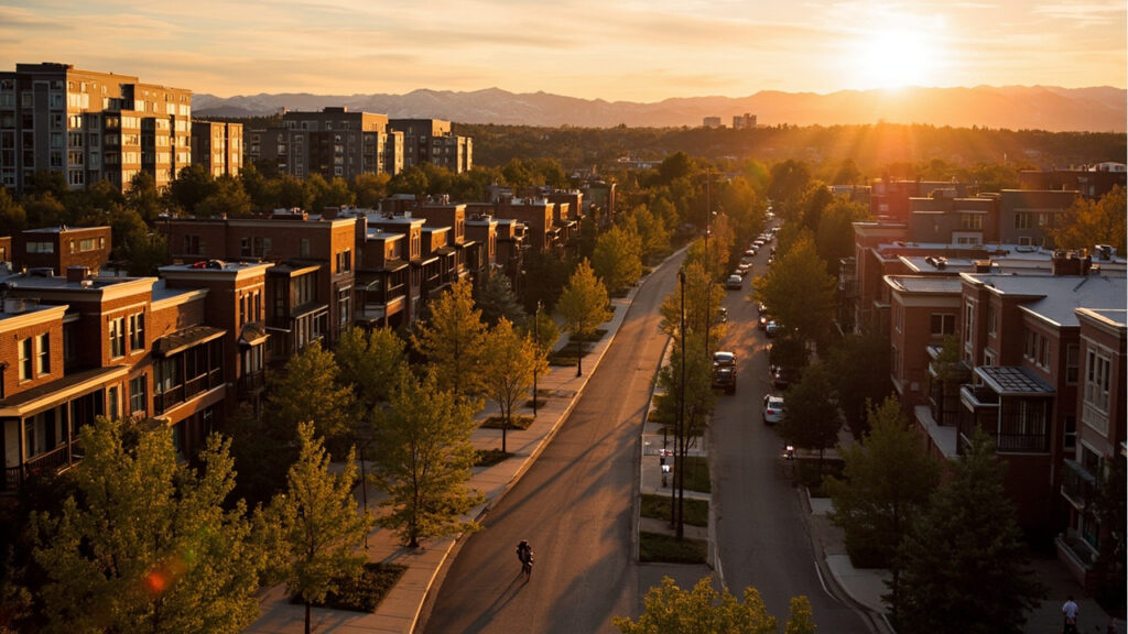 Cherry Creek Denver neighborhood at golden hour — upscale brick townhomes, tree-lined streets, Cherry Creek Trail with Colorado Rockies in the background