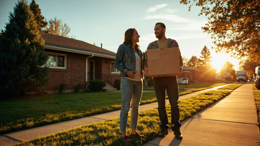 Young couple with moving boxes in front of a brick ranch home in South Denver, Colorado with mature trees and the Colorado Rockies in the background — first time home buyer in South Denver