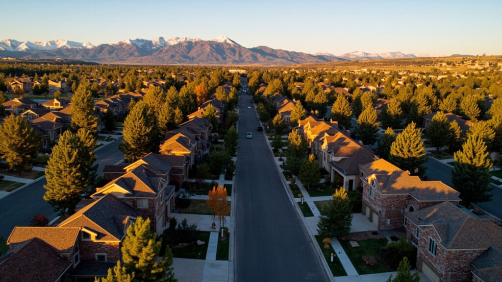 Greenwood Village Colorado real estate neighborhood aerial view with Rocky Mountains