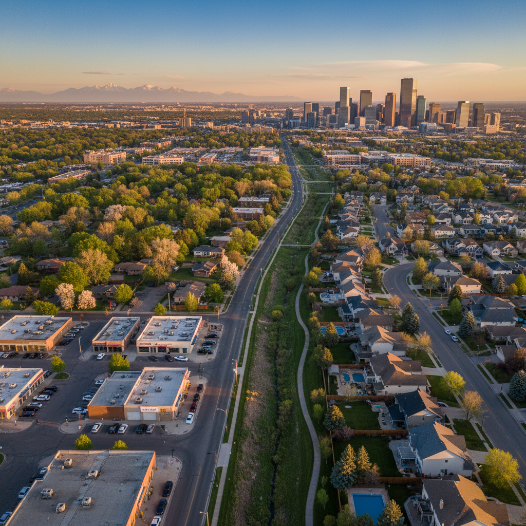 Hampden South vs Hampden neighborhood comparison in South Denver — mature brick homes in Hampden with retail centers, contrasted with suburban Hampden South near the DTC