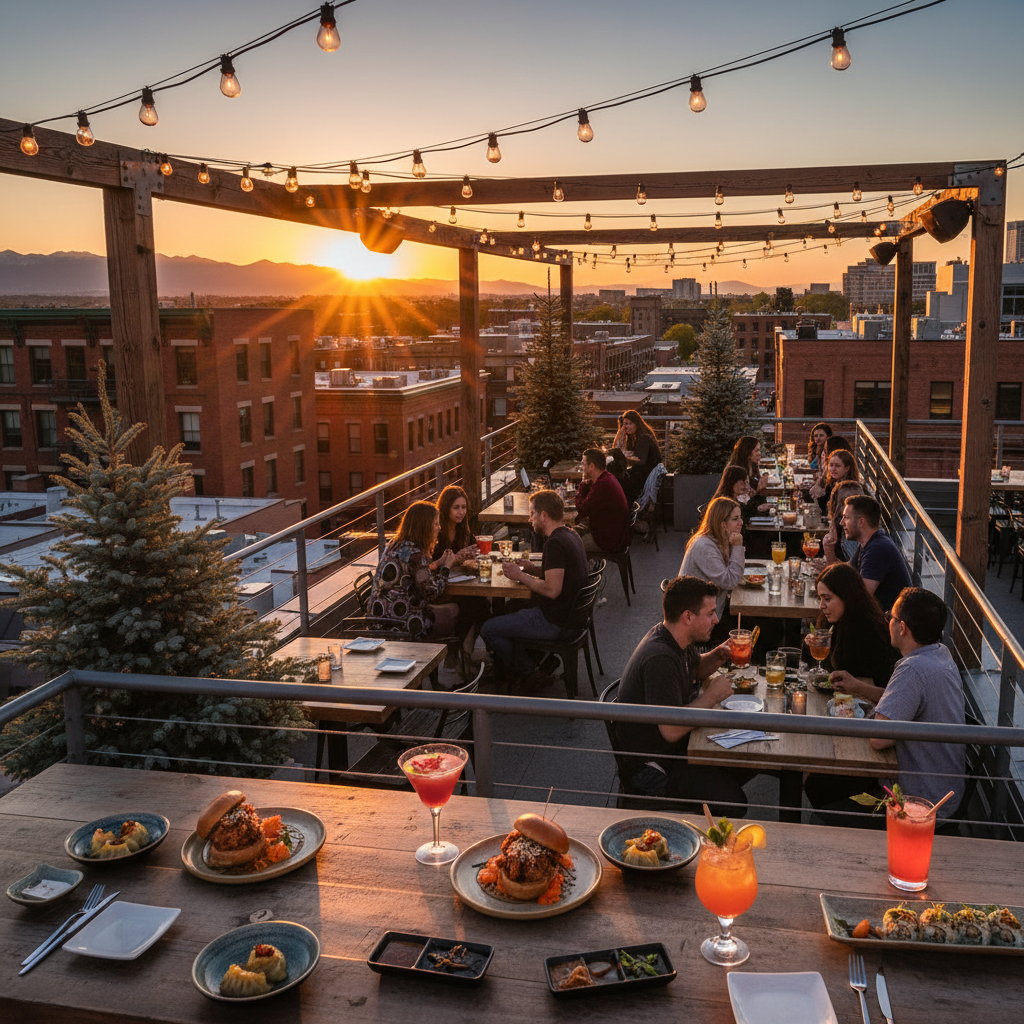Linger Denver rooftop restaurant at golden hour with Denver skyline and LoHi neighborhood