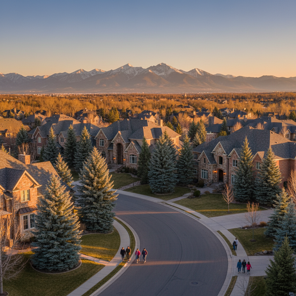 South Denver neighborhood with brick homes and blue spruce trees at golden hour, Colorado Rockies backdrop