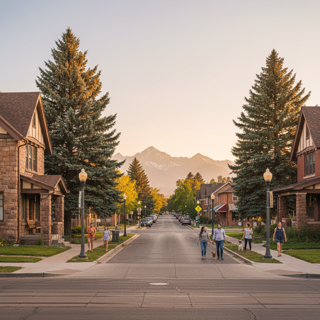 Platt Park Denver neighborhood with craftsman bungalows and blue spruce trees at golden hour, Colorado Rockies backdrop