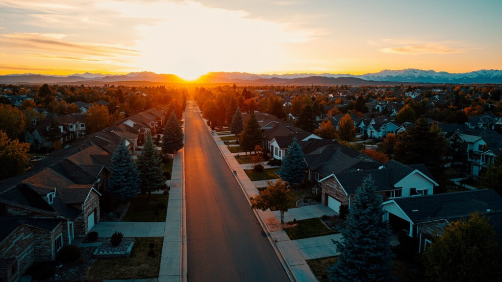 South Denver residential neighborhood at golden hour with Colorado Rocky Mountains in background
