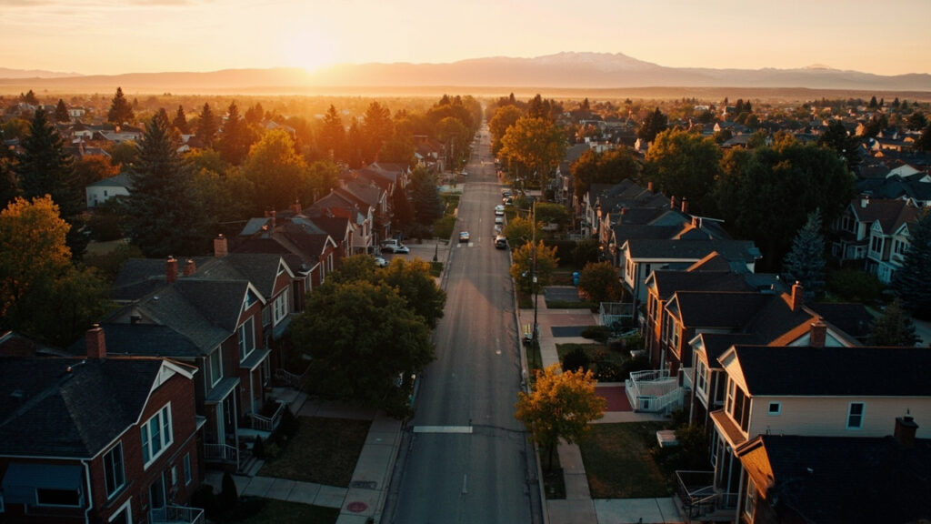 Sunnyside Denver neighborhood aerial view with Colorado Rockies in background at golden hour