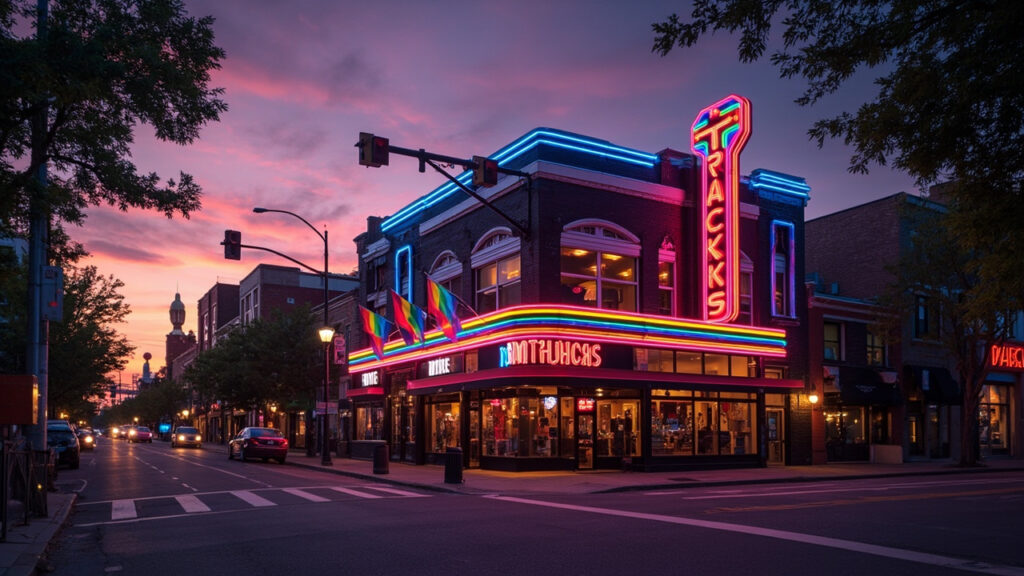 Nightclub exterior at golden hour with Colorado Rockies visible — Tracks Denver nightclub facade with vibrant rainbow pride flags and glowing neon lights in RiNo Denver