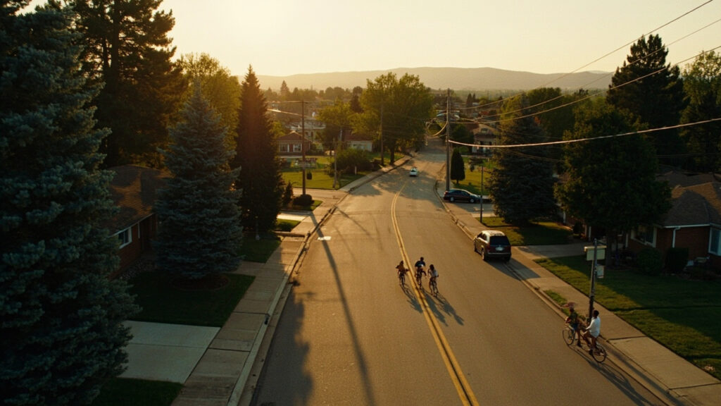 University Hills Denver neighborhood at golden hour — quiet residential street with mature trees and classic brick ranch houses in South Denver