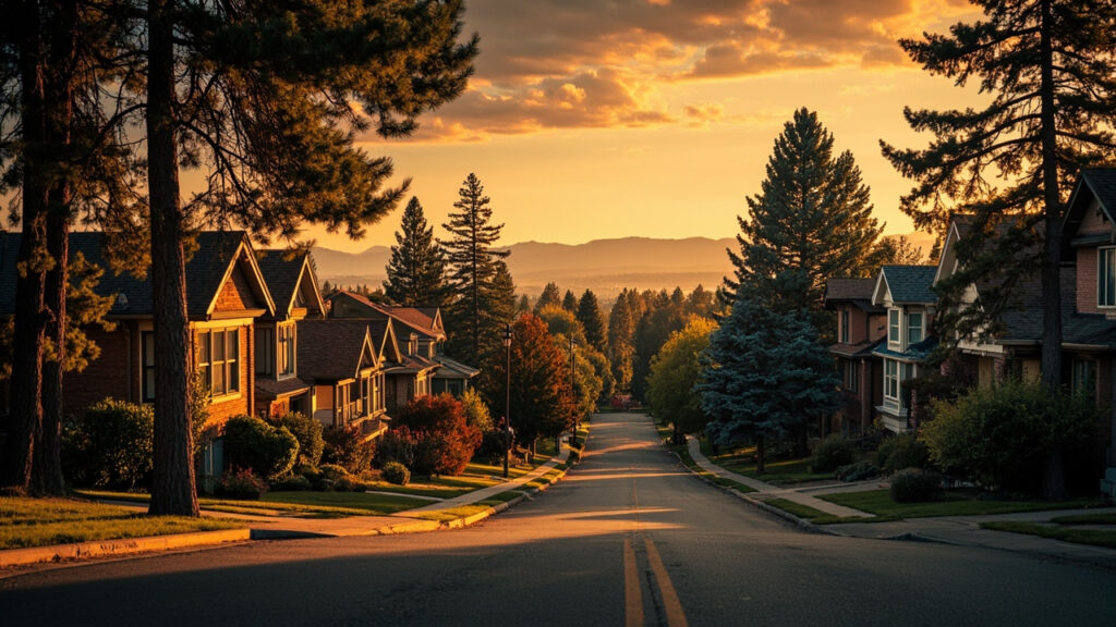 Washington Park Denver neighborhood at golden hour with Colorado Rocky Mountains in background