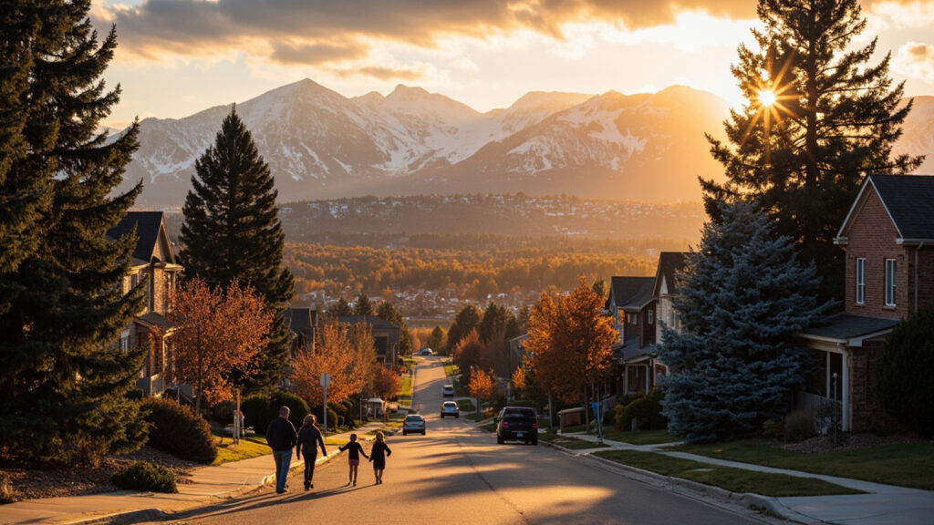 South Denver neighborhood at golden hour with Colorado Rocky Mountains in background and blue spruce trees