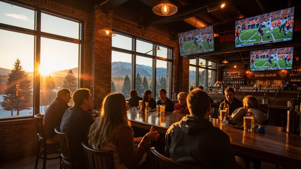 Sports bar in South Denver with Colorado Rocky Mountain views for football fans watching the Broncos